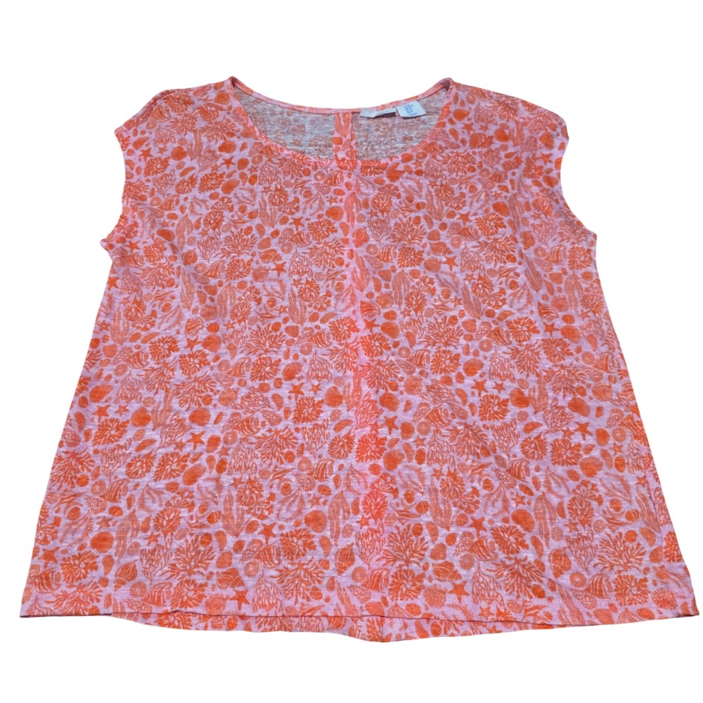 Sigrid Olsen Linen Coral Shell Print Sleeveless Button Back Top Medium Summer